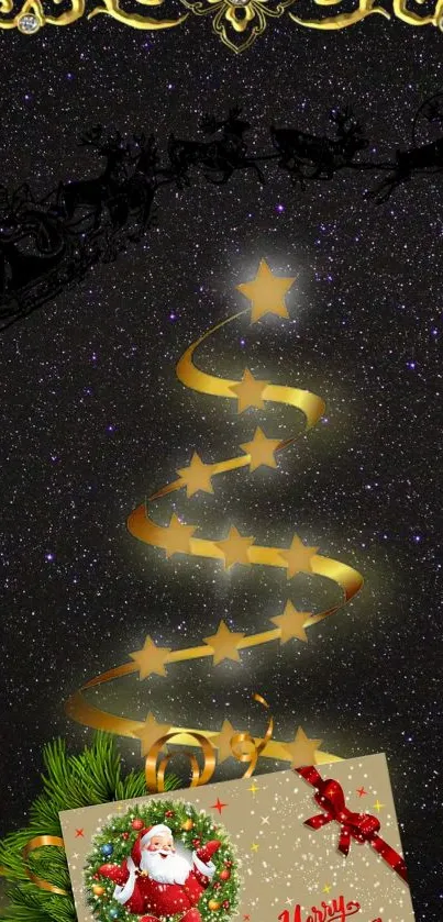 Christmas wallpaper with stars and Santa, featuring a golden tree on a night sky.