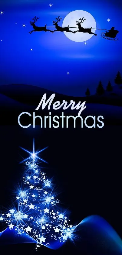 Christmas wallpaper with a blue night sky and glowing tree.