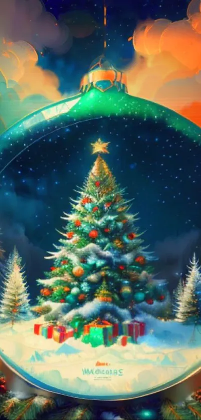 Colorful Christmas ornament with tree and presents, festive holiday art.