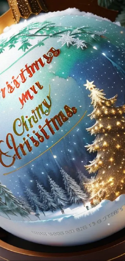 Festive Christmas ornament wallpaper with tree and night sky.
