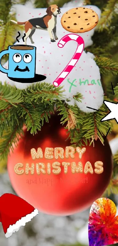 Festive Christmas ornament wallpaper with holiday icons on a pine tree branch.