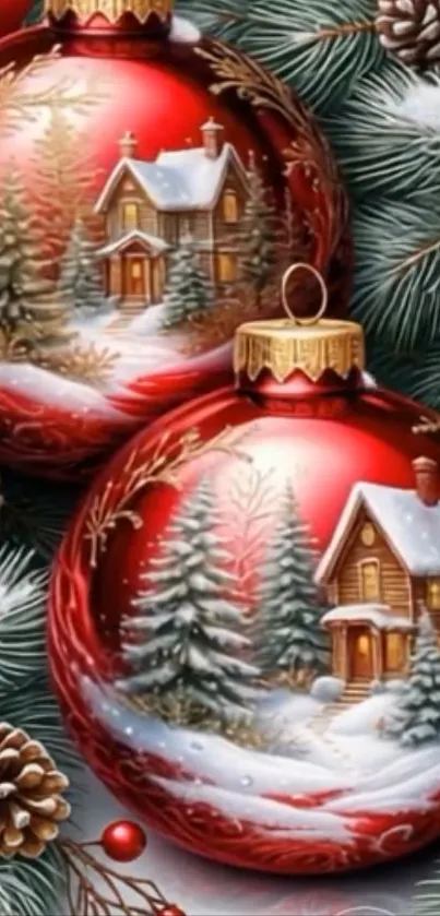 Red Christmas ornaments with winter village scene painted on them, surrounded by pine cones and branches.