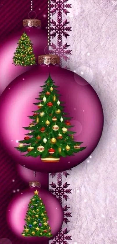 Purple Christmas ornaments with trees on festive wallpaper.