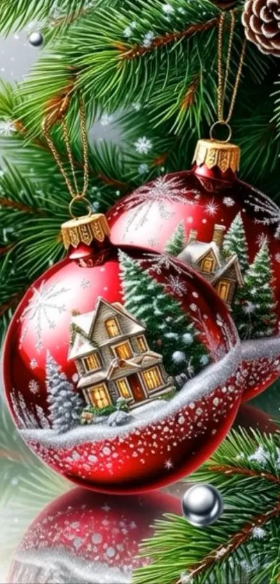 Festive red Christmas ornaments with winter design on tree branch.