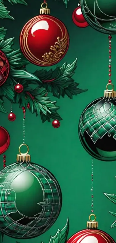 Festive ornaments with green leaves wallpaper.