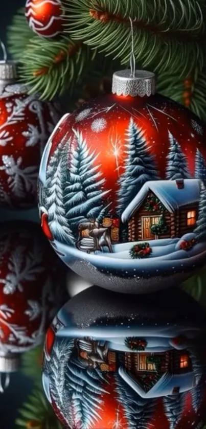 Festive Christmas ornament with cozy cabin and pine branches.