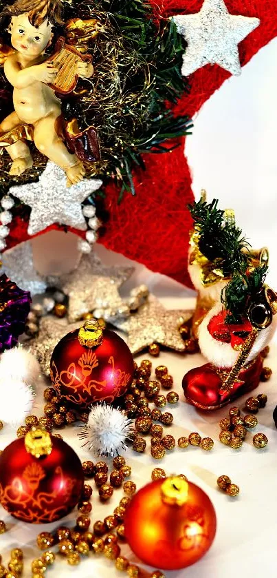 Colorful festive Christmas decorations with angel ornament and star accents.