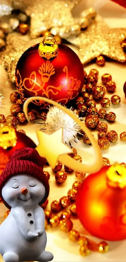 Festive Christmas wallpaper with red ornaments and angel.