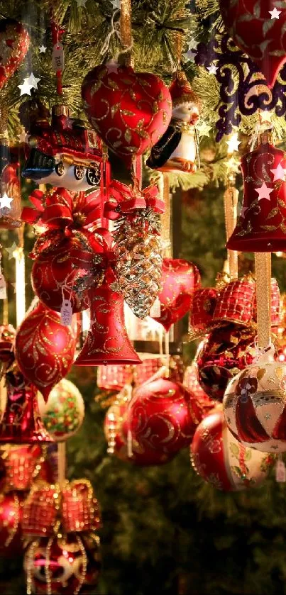 Festive display of Christmas ornaments with red and gold colors.