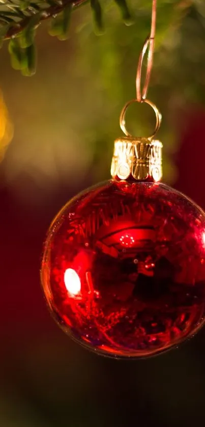 Red Christmas ornament hanging on a festive tree with glowing bokeh background.