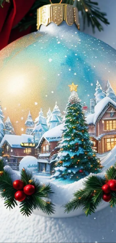 Festive Christmas ornament with snowy village scene.