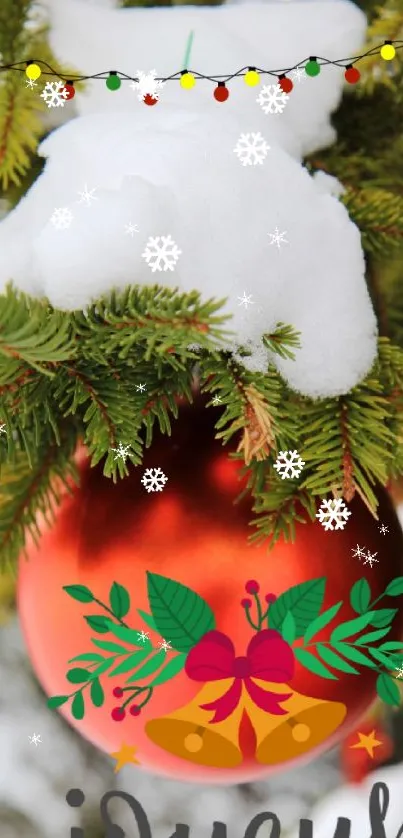 Snow-covered tree with Christmas ornament and colorful lights.
