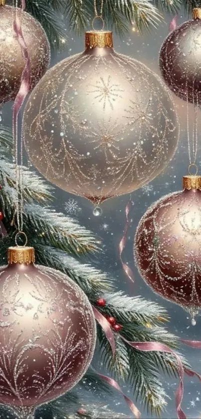 Christmas ornaments on snowy branches wallpaper.