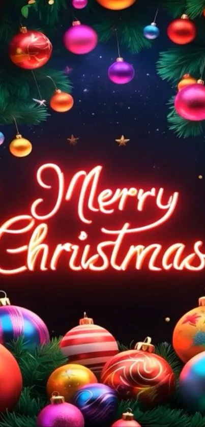 Colorful Christmas ornaments with Merry Christmas text.