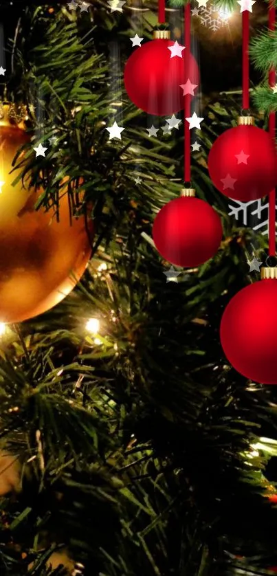 Festive Christmas ornaments with red and gold baubles on a green pine tree.