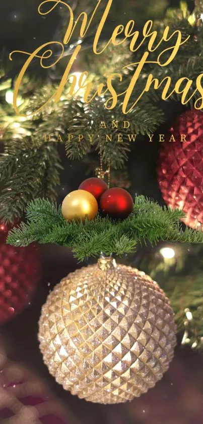 Christmas tree with gold and red ornaments, Merry Christmas text.
