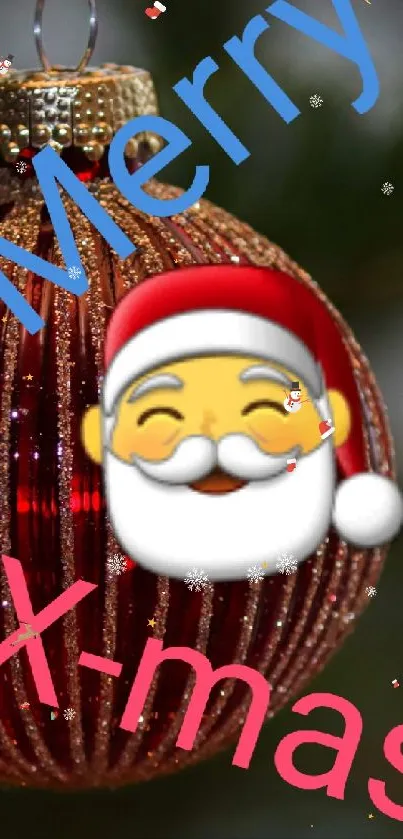 Festive wallpaper with Christmas ornament and Santa emoji.