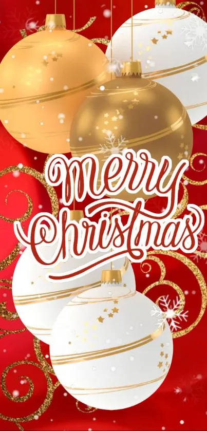 Merry Christmas wallpaper with gold and white ornaments on a red background.