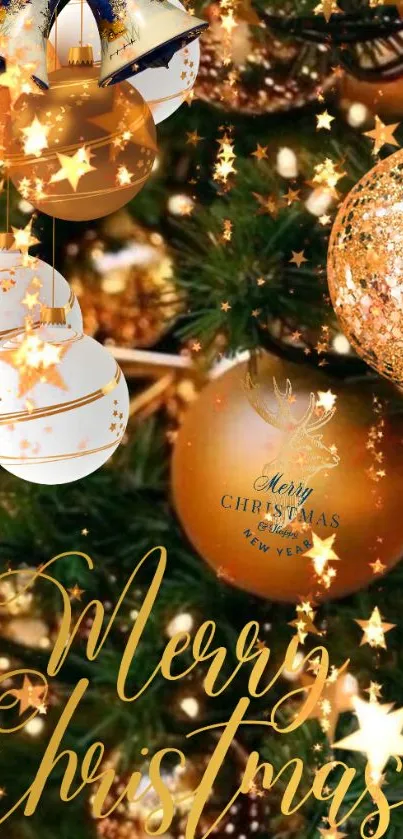 Festive Christmas wallpaper with ornaments and golden decorations.