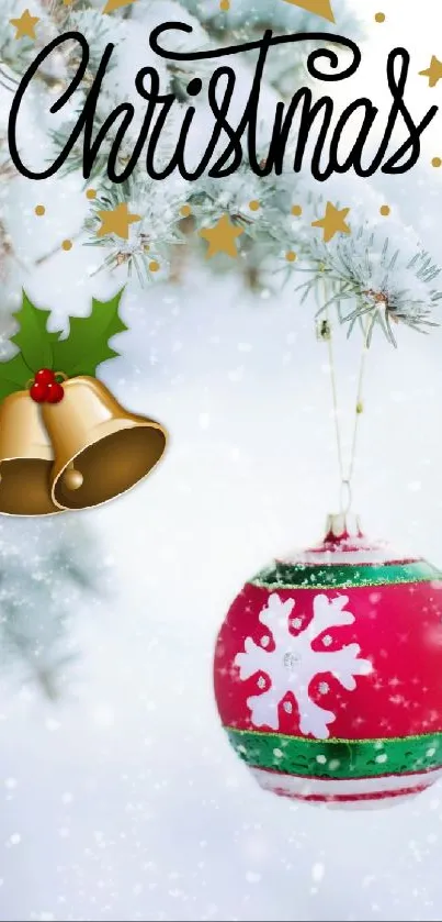 Christmas wallpaper with red ornament and snowy background.