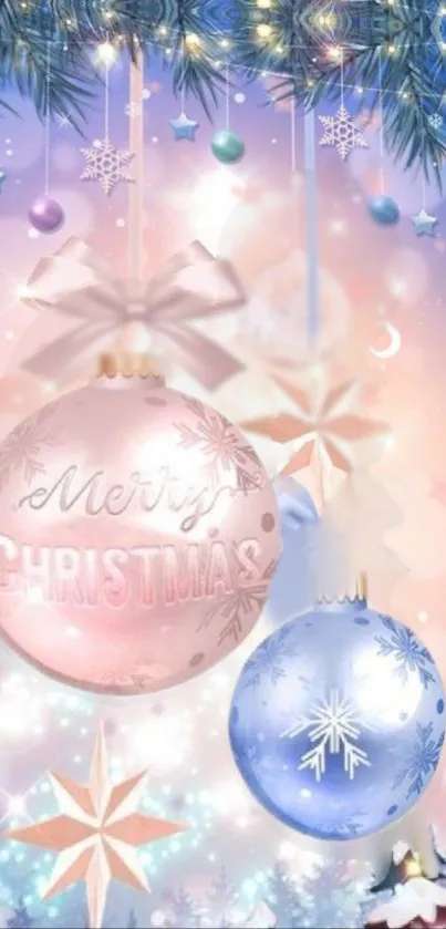 Festive Christmas wallpaper with pink and blue baubles.