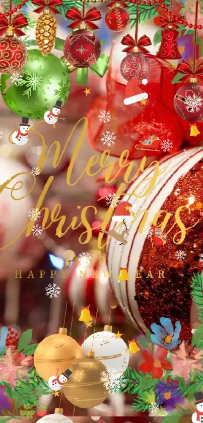Festive Christmas ornaments with vibrant colors and joyful holiday message.