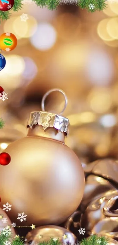 Golden Christmas ornament wallpaper with festive green garland border.
