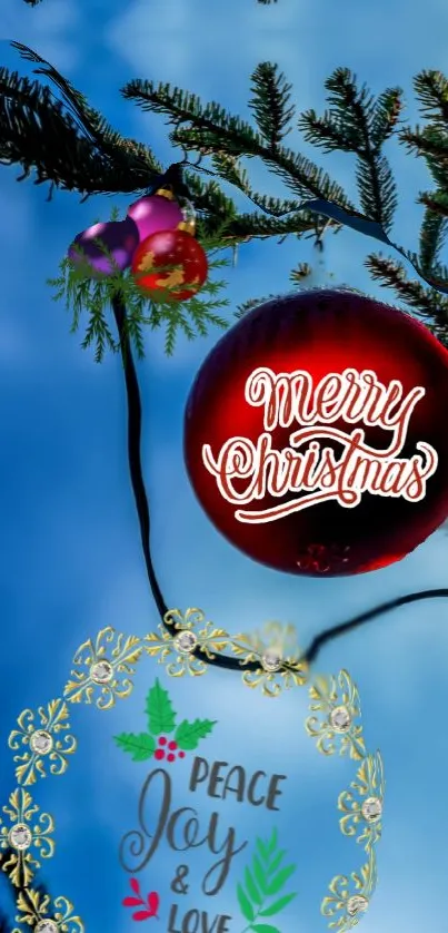 Christmas wallpaper with red ornament and festive decorations.