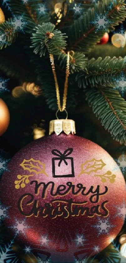 Festive Christmas ornament on green tree with Merry Christmas text.