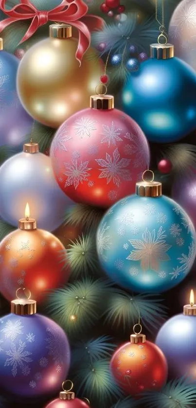 Vibrant Christmas ornaments on pine branches wallpaper.