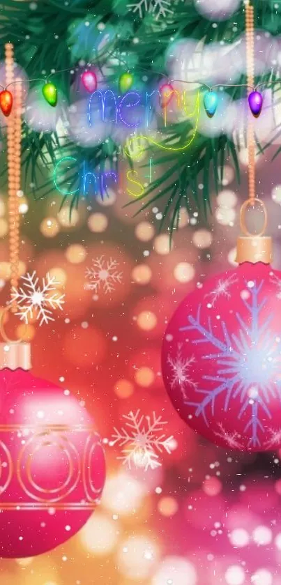 Festive Christmas wallpaper with ornaments and lights.