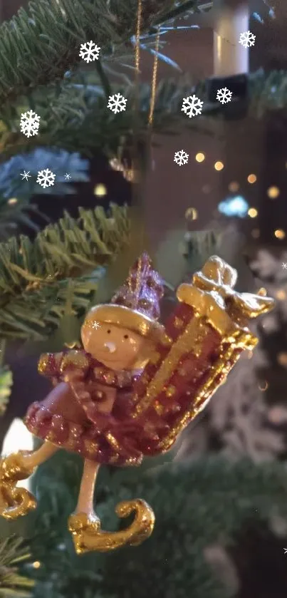 Festive ornament hanging on a Christmas tree with snowflakes and lights.