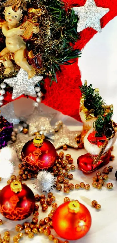 Festive Christmas wallpaper with decorations.