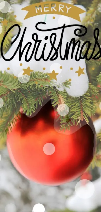 Christmas ornament and snowy branches wallpaper.