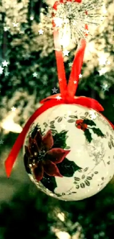 Festive Christmas ornament with red ribbon on tree.