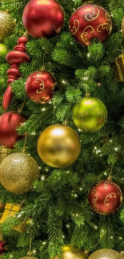 Christmas tree adorned with red, green, and gold ornaments.