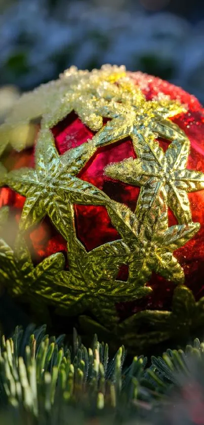 Red and gold Christmas ornament surrounded by greenery.