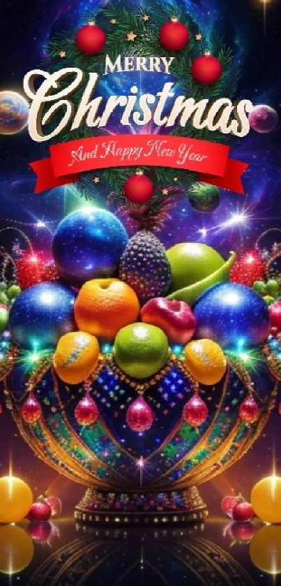 Festive Christmas decorations with joyful ornaments and holiday greetings.