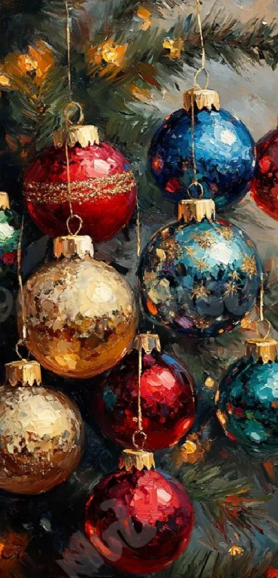 Colorful Christmas ornaments on a festive tree.
