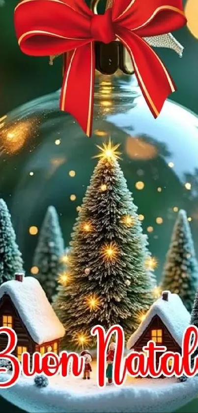 Christmas ornament with snow scene and festive decorations.