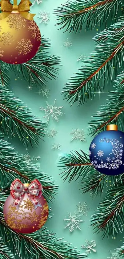 Festive Christmas ornaments with pine branches and snowflakes.