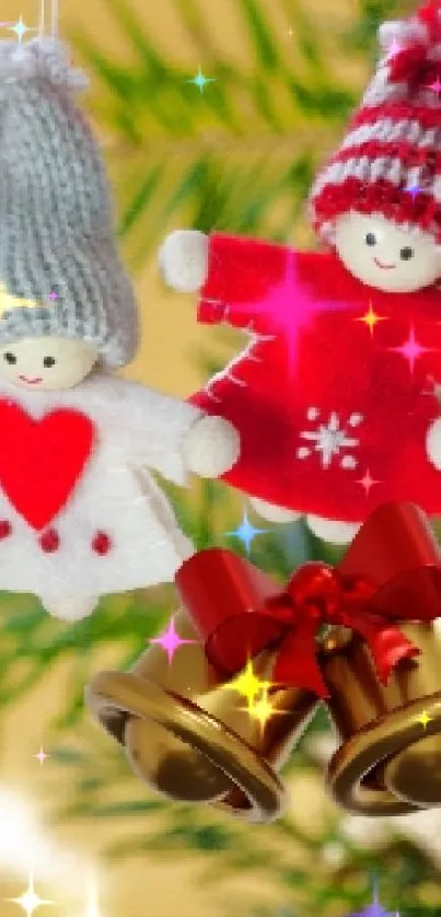 Christmas ornaments with bells on tree wallpaper.