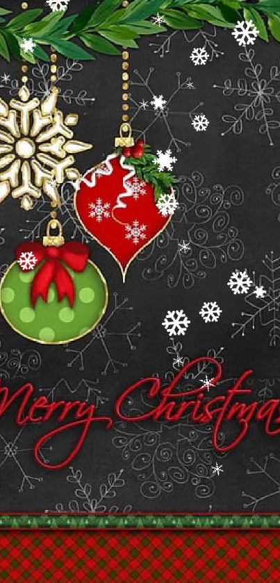 Merry Christmas wallpaper with ornaments and dark background.