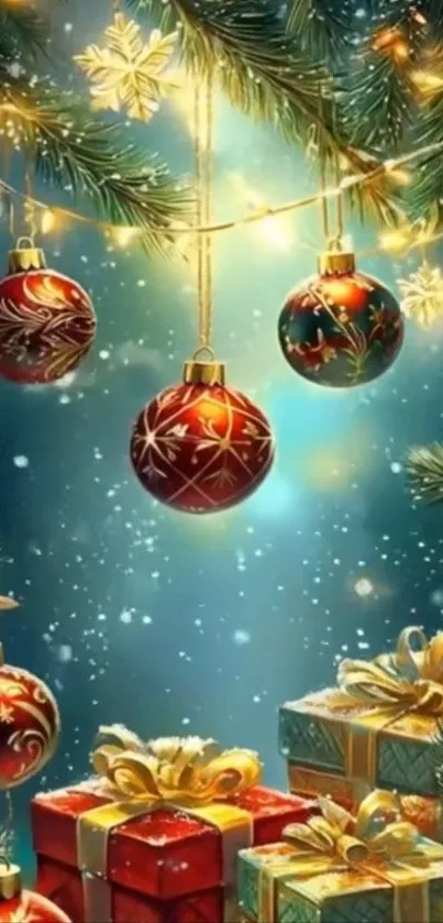 Festive Christmas tree with ornaments and gift boxes.