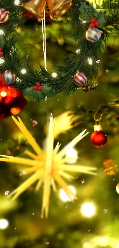 Festive mobile wallpaper with Christmas ornaments and golden glow.