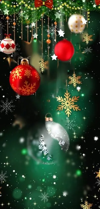 Festive Christmas wallpaper with ornaments and stars on a dark green background.