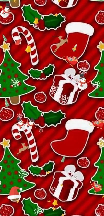 Festive Christmas-themed wallpaper with red background, gifts, and trees.