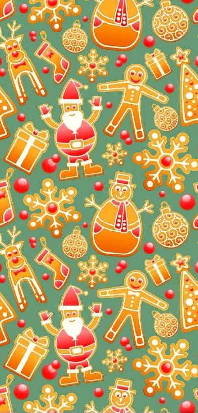 Christmas themed pattern wallpaper with Santa and snowmen on green background.