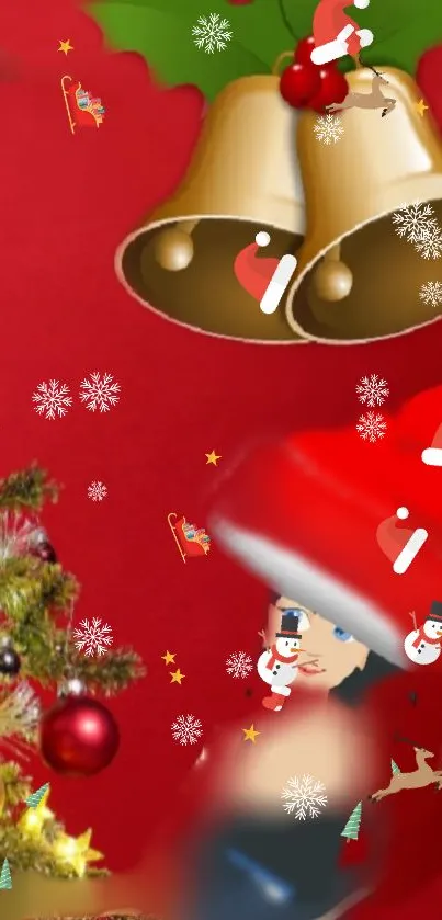 Festive Christmas wallpaper with bells and tree.