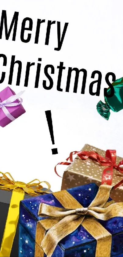 Merry Christmas wallpaper with gifts and snowflakes.